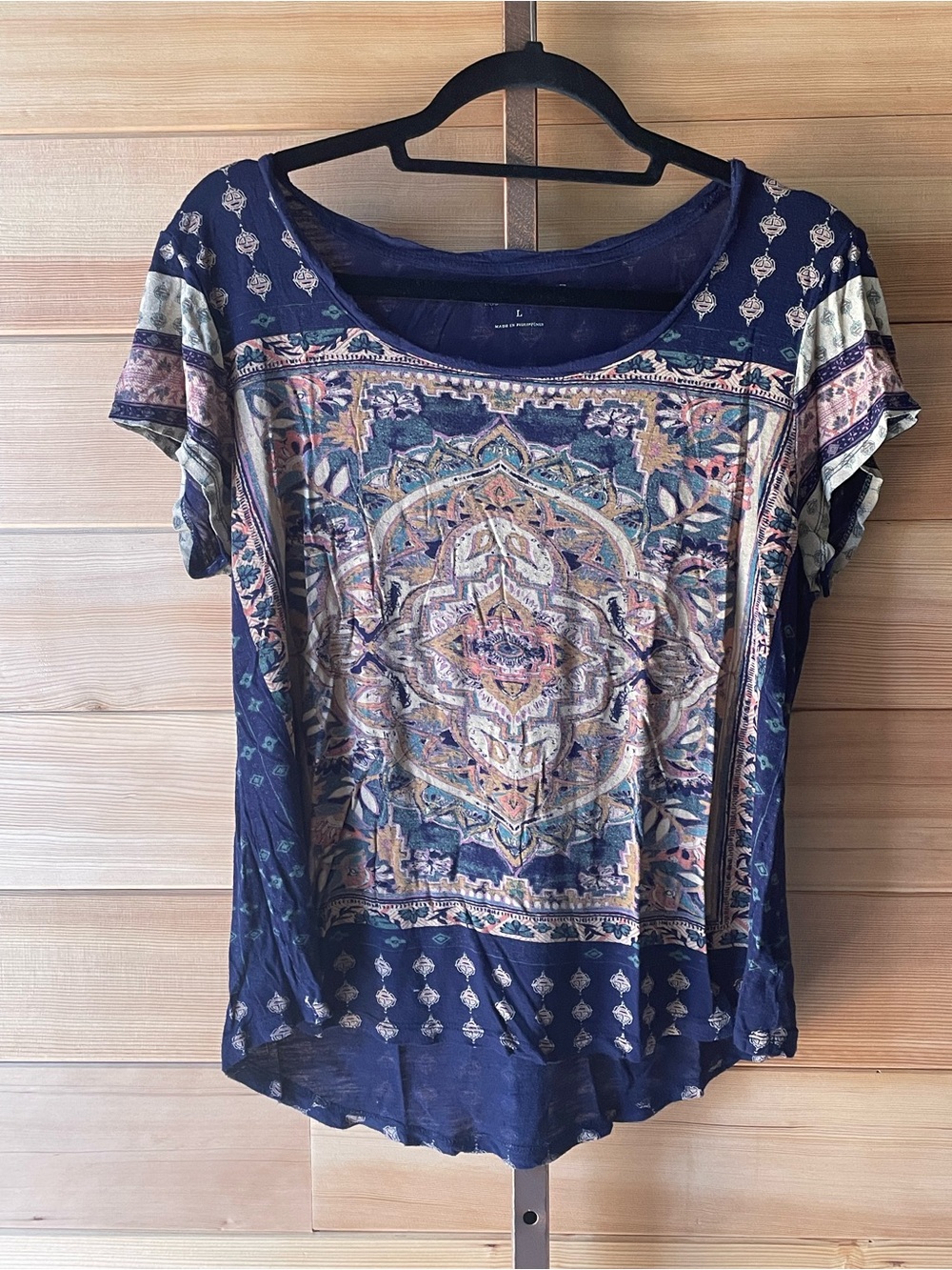 Lucky Brand Navy Multicolor Medallion Print Short Sleeve Top Large Boho